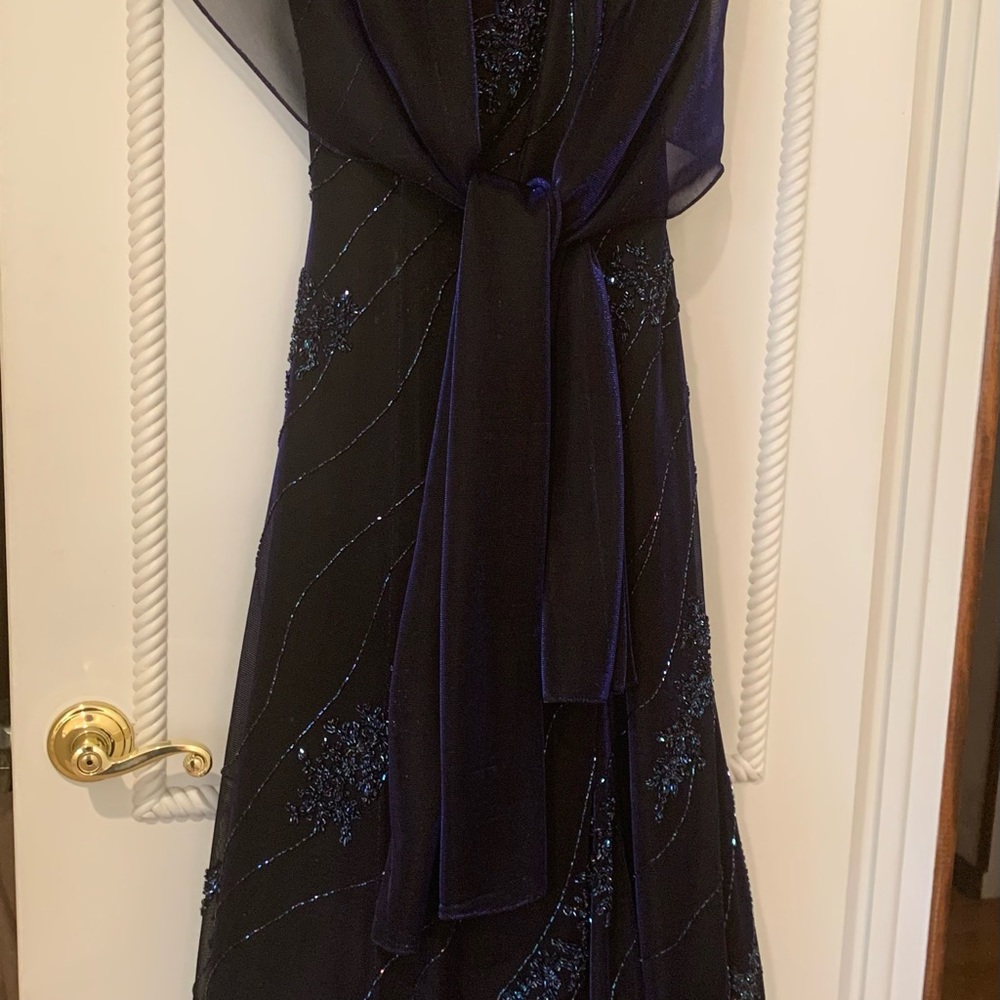 Beautiful blue beaded gown-worn once-blue overlay over black-matching shawl